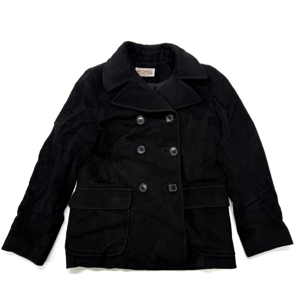 Michael Kors Womens Pea Coat 100% Wool Black Buttons Size 6 Classic Military